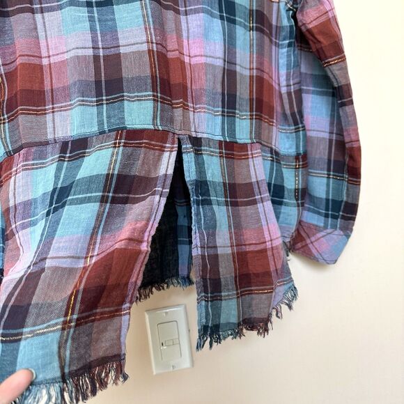 Beach Lunch Lounge Shirt Womens Large Plaid Long Sleeve Fringe, Back Slit Grunge - Picture 4 of 8
